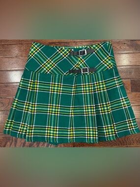 JKA Retro Plaid Pleated Mini Skirt Irish Green Tartan Kilt Skirt Vintage Preppy